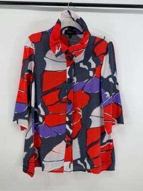 Yushi Art to Wear Abstract Floral Tunic Blouse Ruched Collar S USA